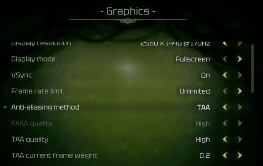 Moadra Graphics menu showing Display mode set to Fullscreen, between resolution and VSync.